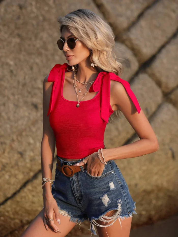 SHEIN VCAY Tie Shoulder Ribbed Knit Tank Top - Image 3