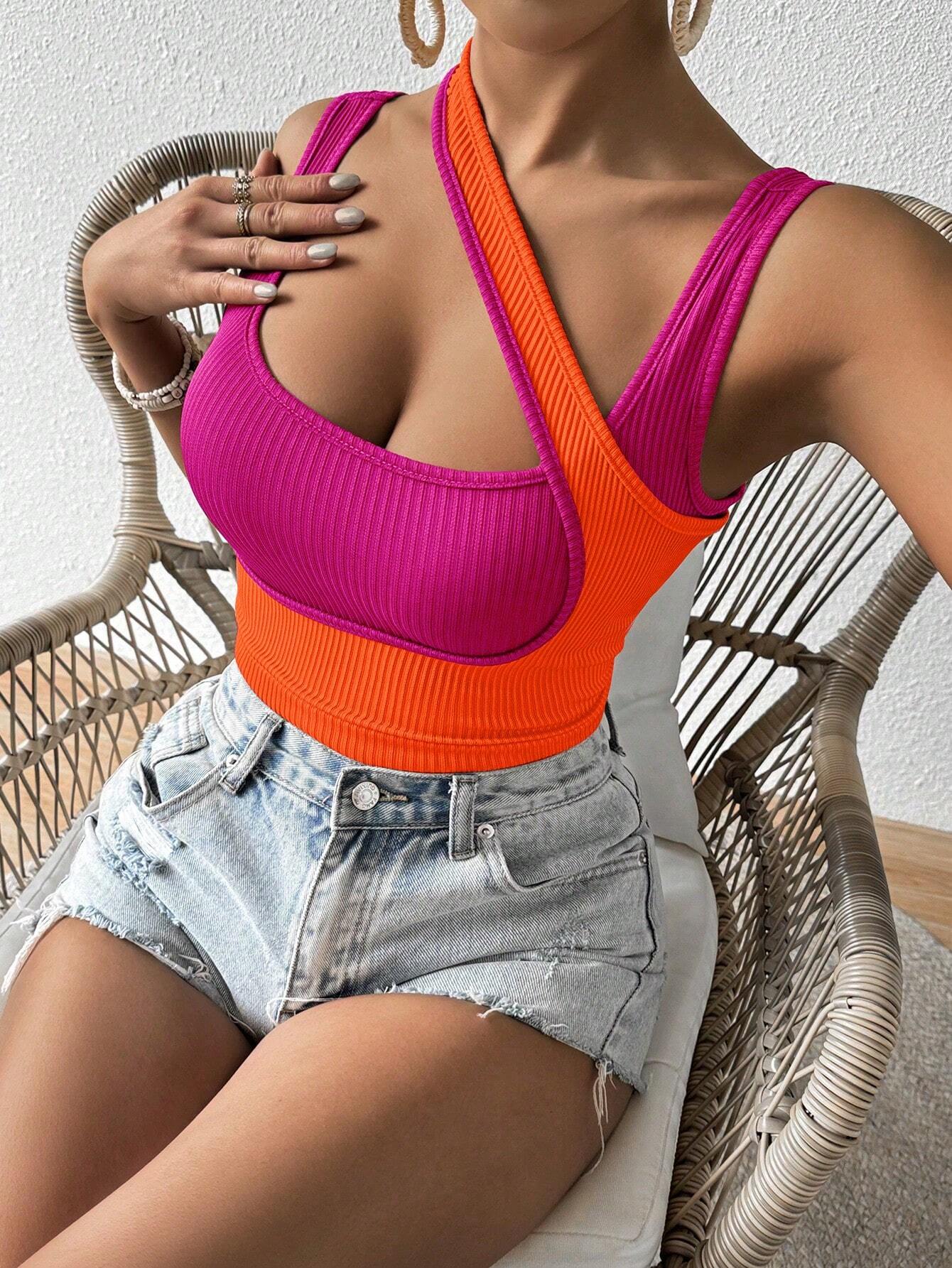 SHEIN VCAY Women's Fashionable Color-Block Asymmetrical Camisole Top - Image 5