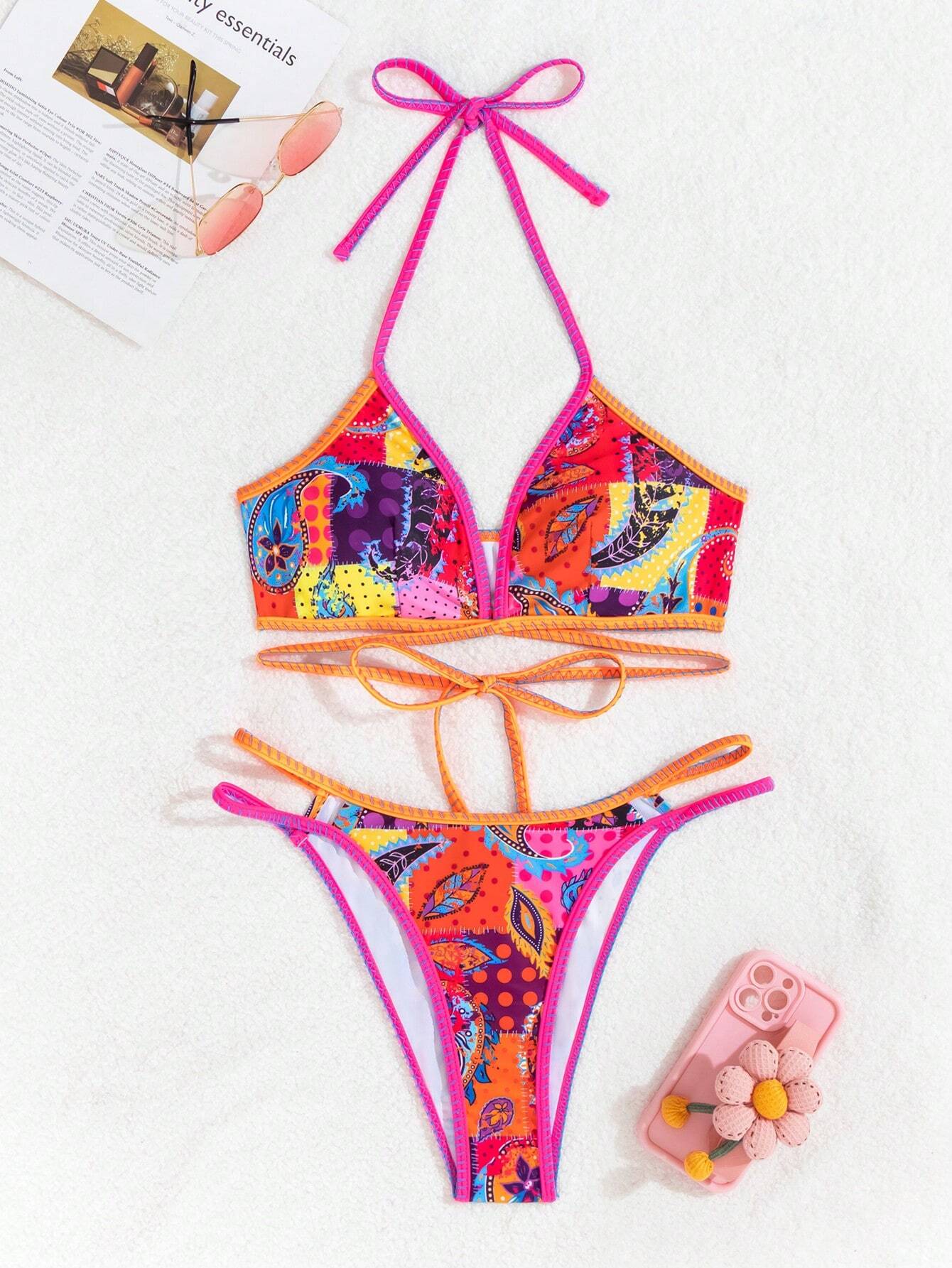 SHEIN VCAY Women's Sexy Bikini Set With Plant Patterned Halter Neck Strap For Beach Vacation - Image 5