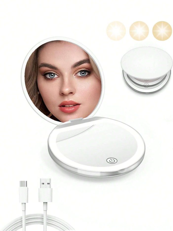 Three Level Dimming Portable Flip Cover Circular Folding Led Makeup Mirror With One Side Enlarged 2X Beauty Mini Usb Light Emitting Charging Small Mirror Compact Mirror Travel Dormitory - Image 2