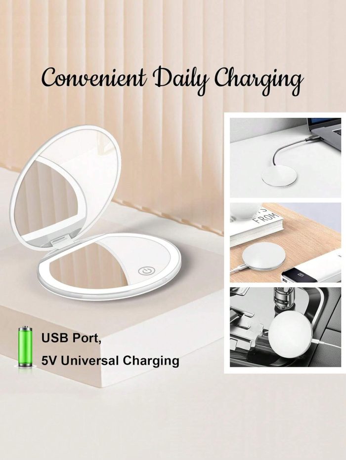 Three Level Dimming Portable Flip Cover Circular Folding Led Makeup Mirror With One Side Enlarged 2X Beauty Mini Usb Light Emitting Charging Small Mirror Compact Mirror Travel Dormitory - Image 3