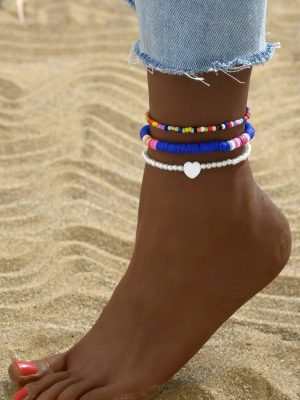 3pcs/Set Fashionable Random Color Soft Pottery Rice Bead & Faux Pearl Beaded Heart Anklet Set