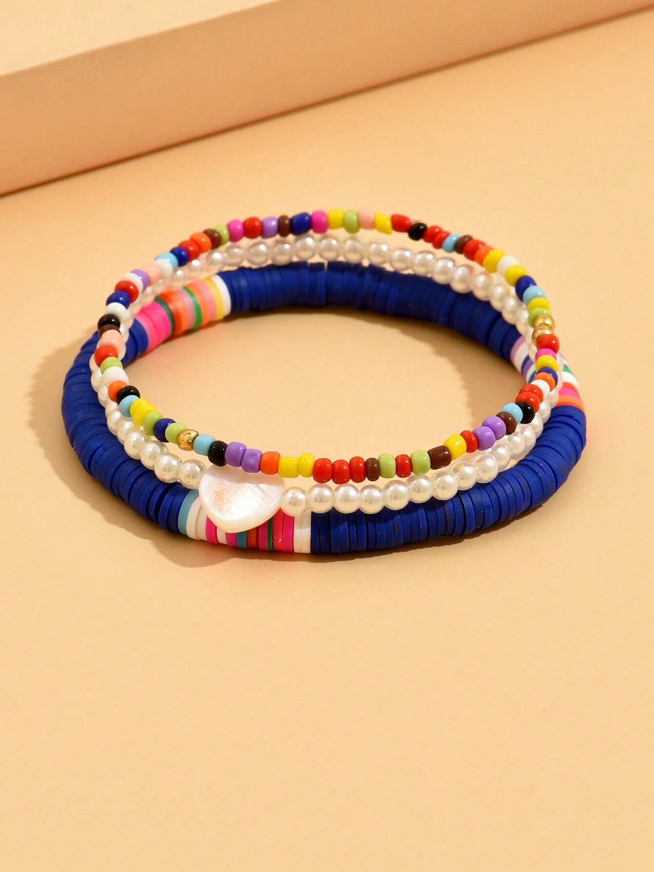 3pcs/Set Fashionable Random Color Soft Pottery Rice Bead & Faux Pearl Beaded Heart Anklet Set - Image 3
