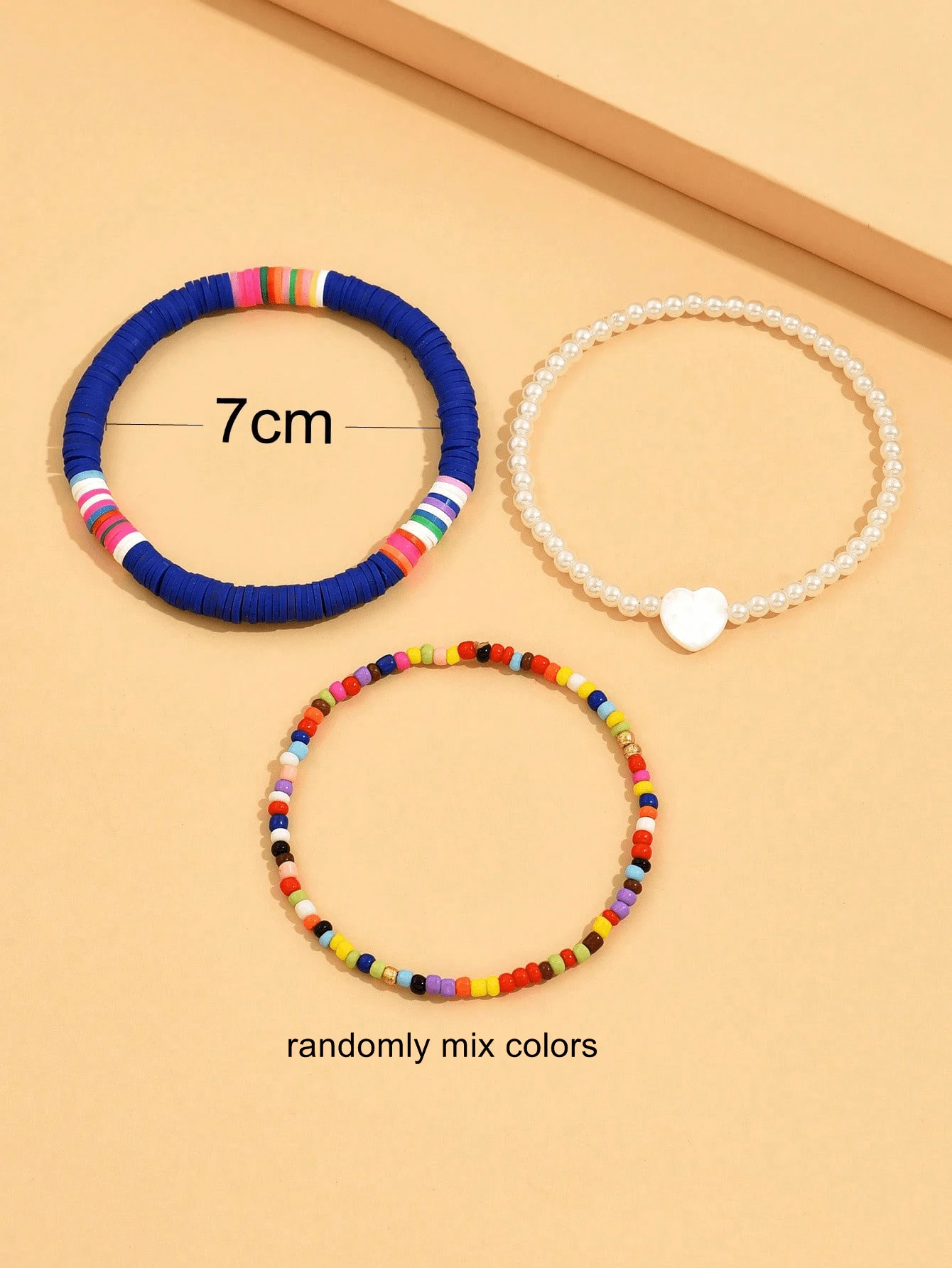 3pcs/Set Fashionable Random Color Soft Pottery Rice Bead & Faux Pearl Beaded Heart Anklet Set - Image 2