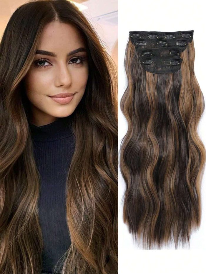 4Pcs Clip in Hair Extensions Clip in Long Wavy Extensions Thick Long Hairpieces for Women Full Head 20 Inch Dark Brown with Auburn Brown Highlights