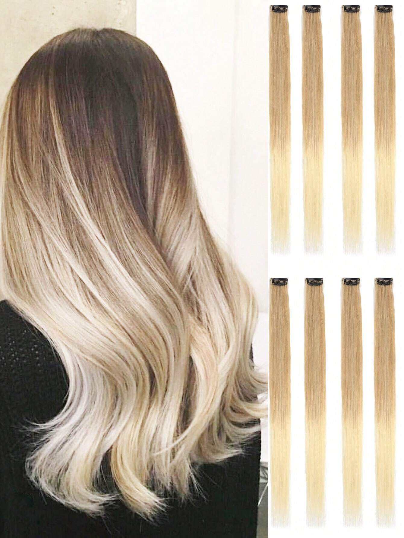8pcs/Pack Colored Beige Ombre Highlights Clip In Hair Extensions For Girls 22 Inches Multi-Colors Straight Hair Synthetic Hairpieces