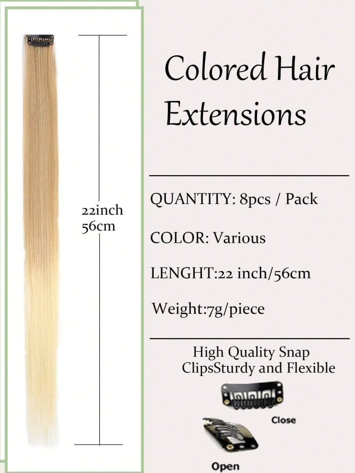 8pcs/Pack Colored Beige Ombre Highlights Clip In Hair Extensions For Girls 22 Inches Multi-Colors Straight Hair Synthetic Hairpieces - Image 3