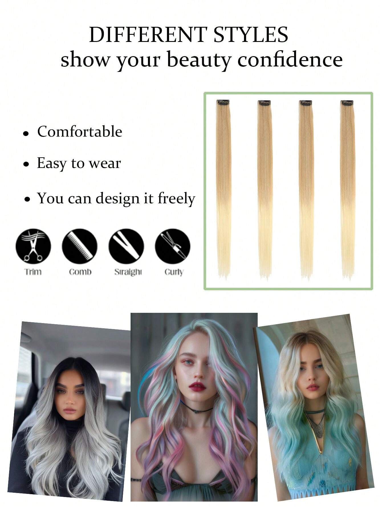 8pcs/Pack Colored Beige Ombre Highlights Clip In Hair Extensions For Girls 22 Inches Multi-Colors Straight Hair Synthetic Hairpieces - Image 5