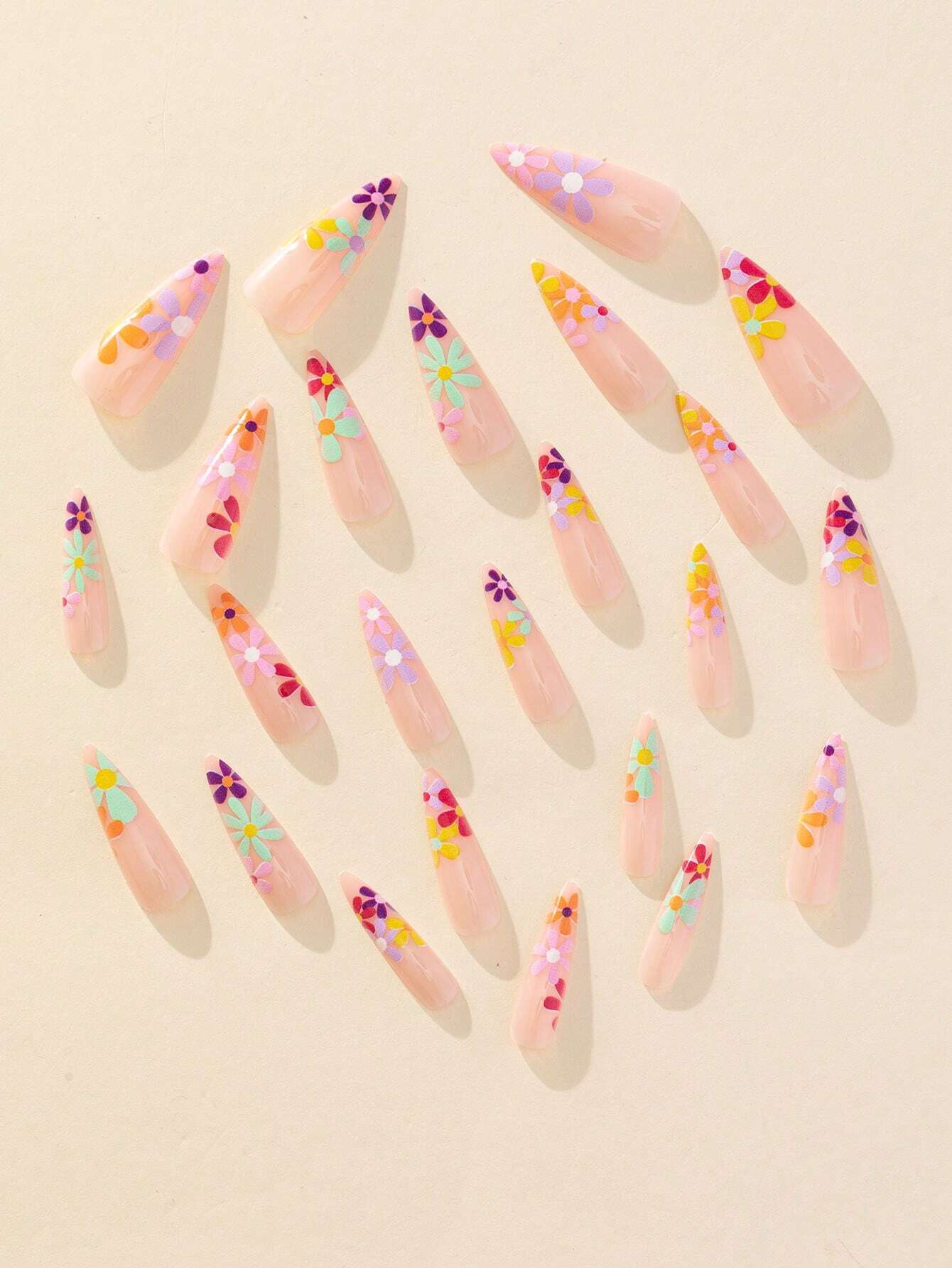 24pcs Daisy Long Stiletto Flower Pattern Full Cover Press On Fake Nail - Image 3