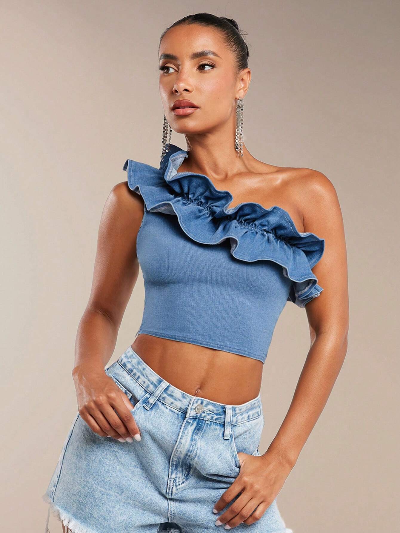 SHEIN BAE One Shoulder Ruffle Trim Crop Denim