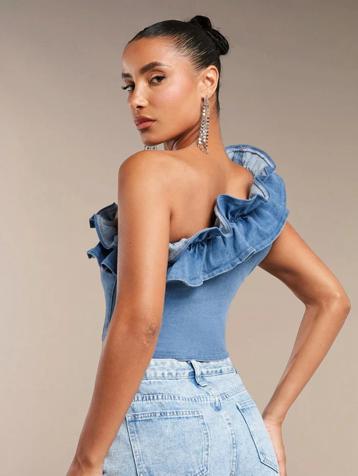 SHEIN BAE One Shoulder Ruffle Trim Crop Denim - Image 2
