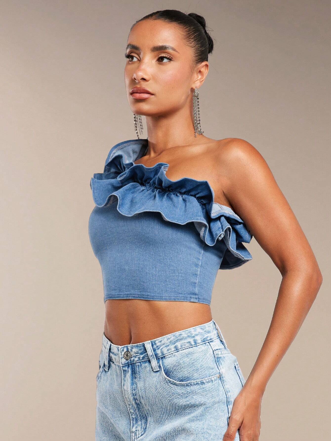 SHEIN BAE One Shoulder Ruffle Trim Crop Denim - Image 5