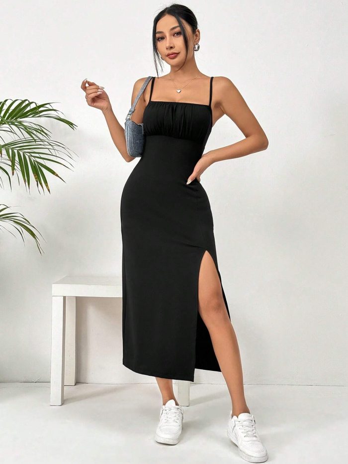 SHEIN EZwear Ladies' Solid Color Simple Daily High Side Split Strappy Dress