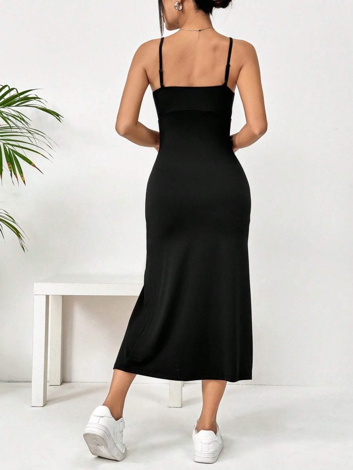 SHEIN EZwear Ladies' Solid Color Simple Daily High Side Split Strappy Dress - Image 2