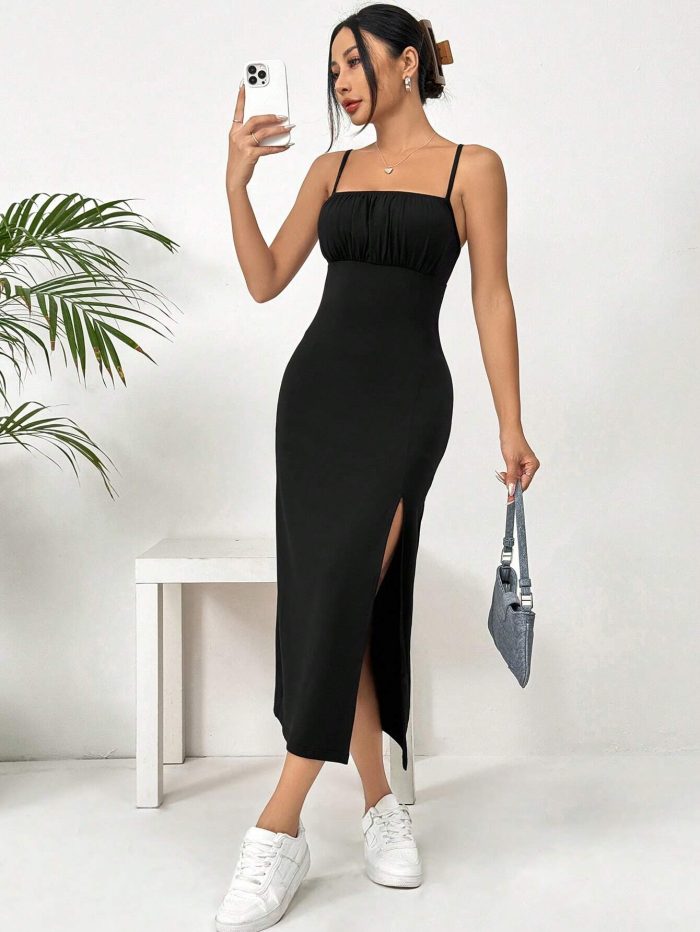 SHEIN EZwear Ladies' Solid Color Simple Daily High Side Split Strappy Dress - Image 3
