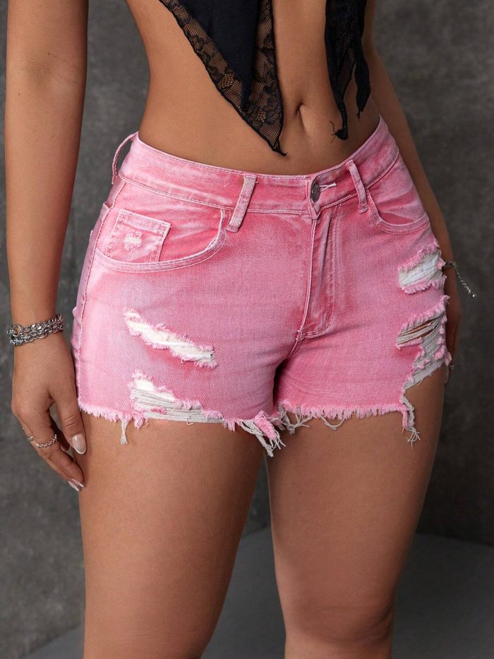 SHEIN EZwear Women Washed Ripped Frayed Fashionable Summer Jean Shorts - Image 6