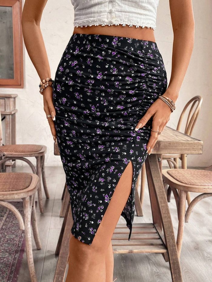 SHEIN Frenchy Women Floral Print Vacation Style Pleated High-Low Hem Midi Skirt