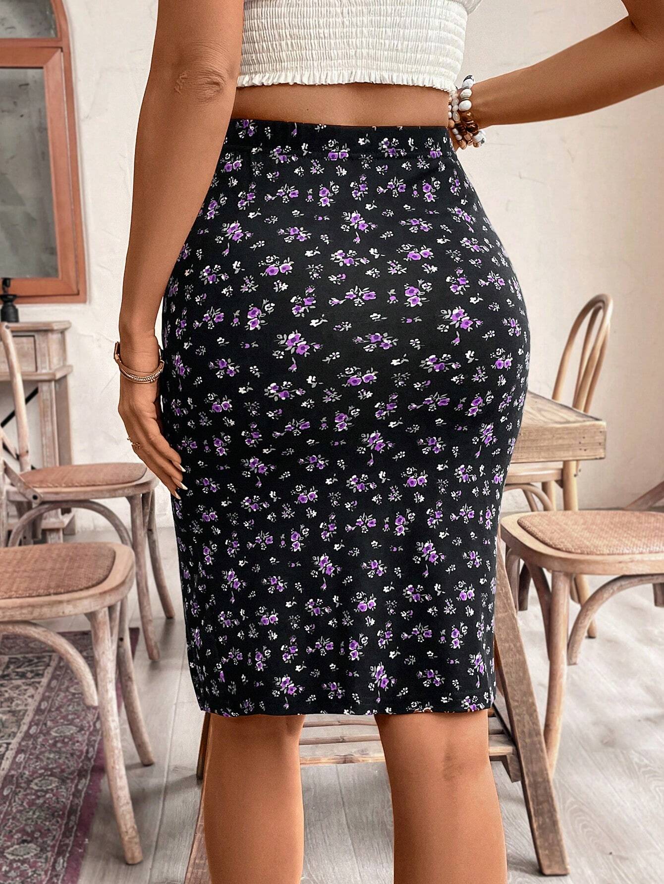 SHEIN Frenchy Women Floral Print Vacation Style Pleated High-Low Hem Midi Skirt - Image 4