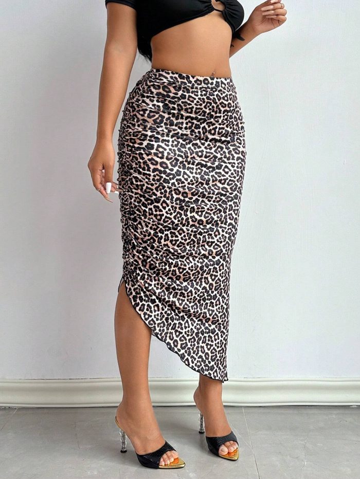 SHEIN SXY Women's Leopard Print Pleated A-Line Summer Skirt