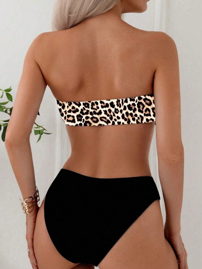 SHEIN Swim Women Summer Beach Leopard Print Ruched Bandeau Bikini - Image 2