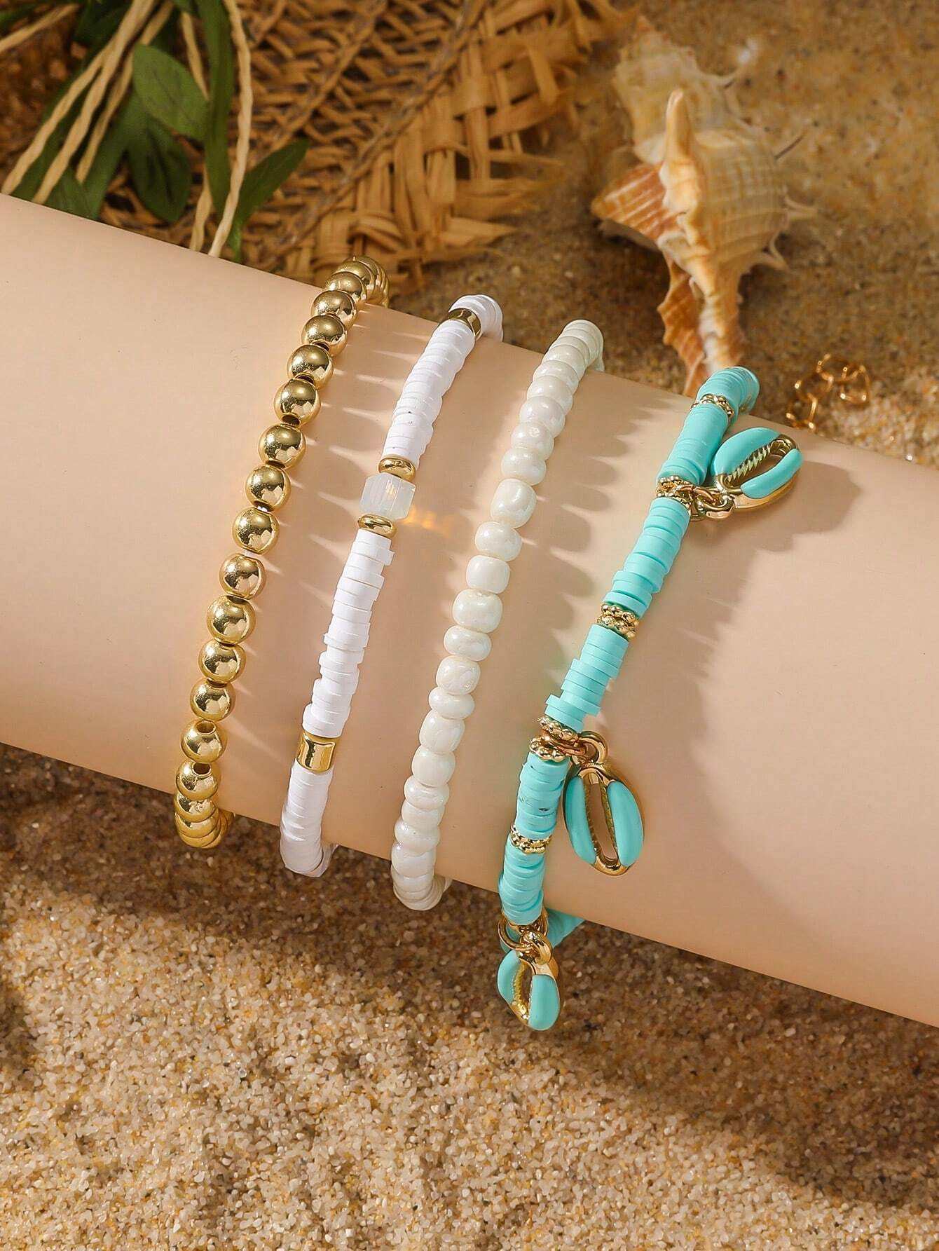 1 Set Of 4pcs Bohemian Style Handmade Beaded Soft Pottery Anklet For Beach Vacation, Sexy Nightclub Party Accessory, Ocean-Blue Seashell Pendant Multi-Layered Foot Chain For Women's Daily Wear - Image 2