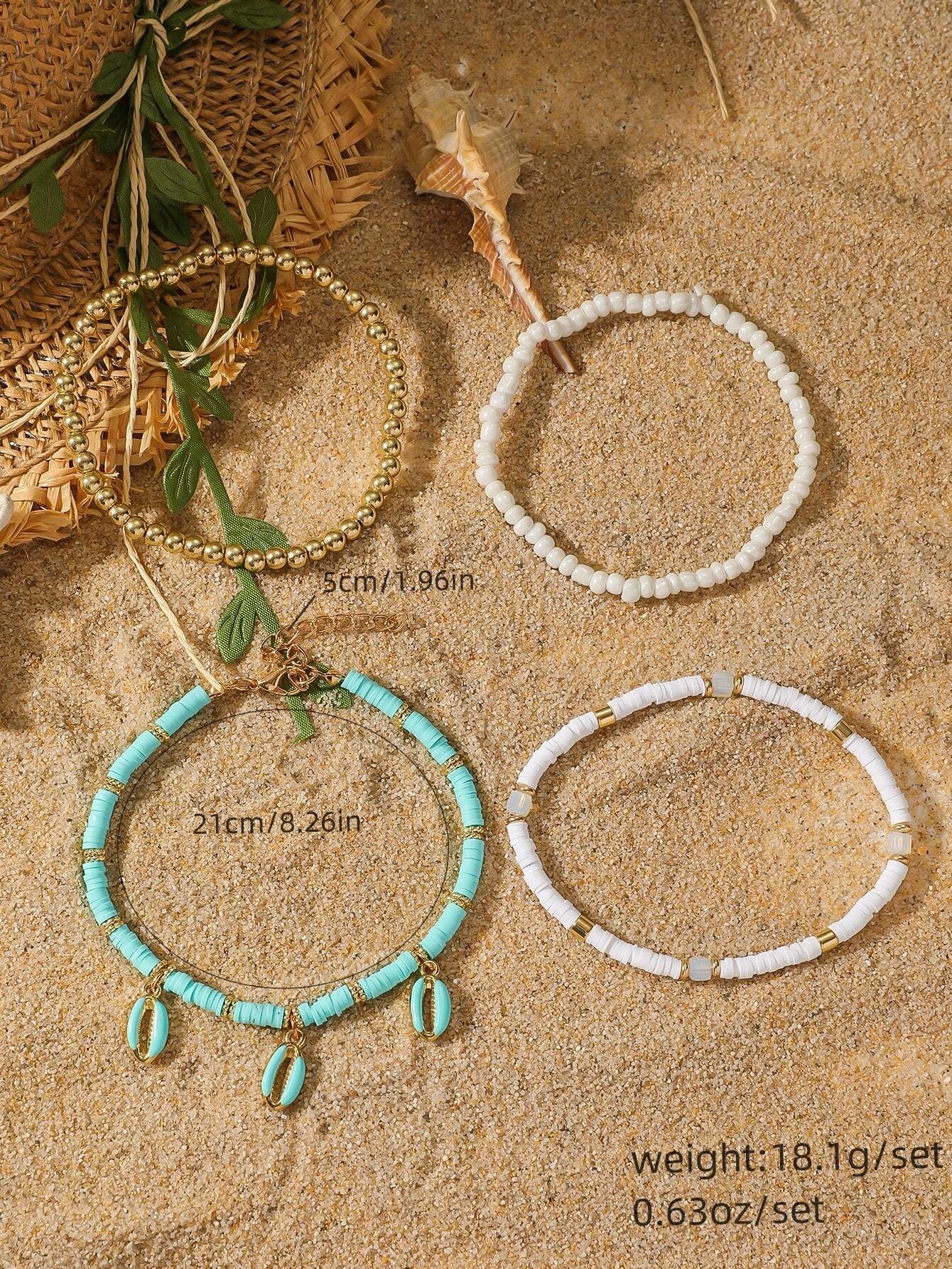 1 Set Of 4pcs Bohemian Style Handmade Beaded Soft Pottery Anklet For Beach Vacation, Sexy Nightclub Party Accessory, Ocean-Blue Seashell Pendant Multi-Layered Foot Chain For Women's Daily Wear - Image 3
