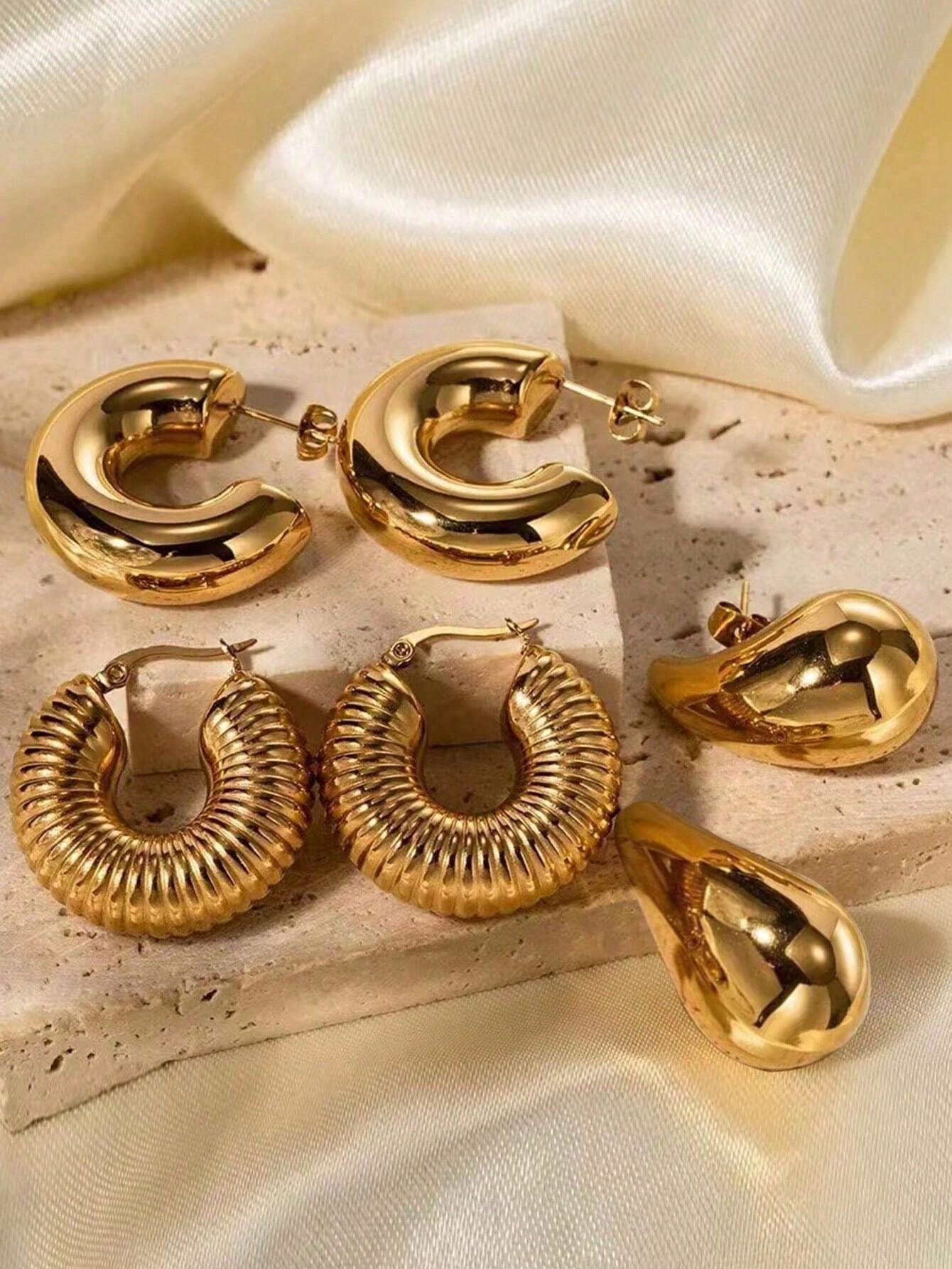 3pairs Fashion Stainless Steel Large & Trendy Jewelry For Women