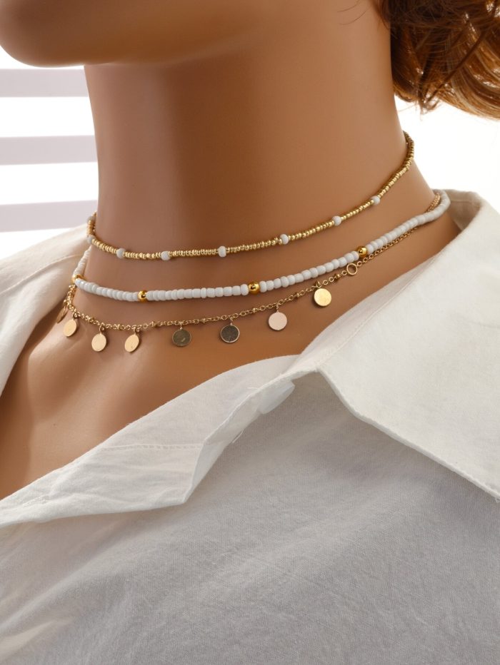 3pcs Metallic Texture Pearl Bead & Disc Pendant Necklace Set