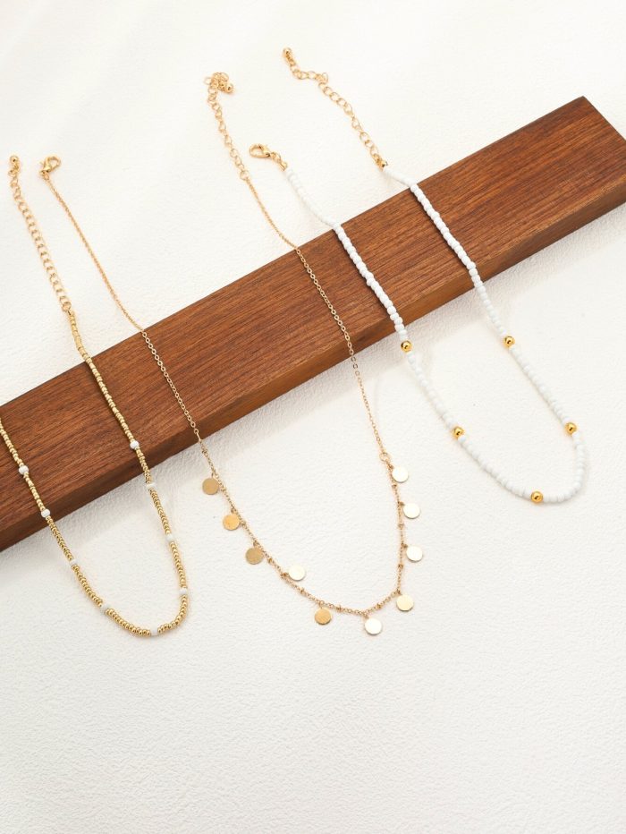 3pcs Metallic Texture Pearl Bead & Disc Pendant Necklace Set - Image 3