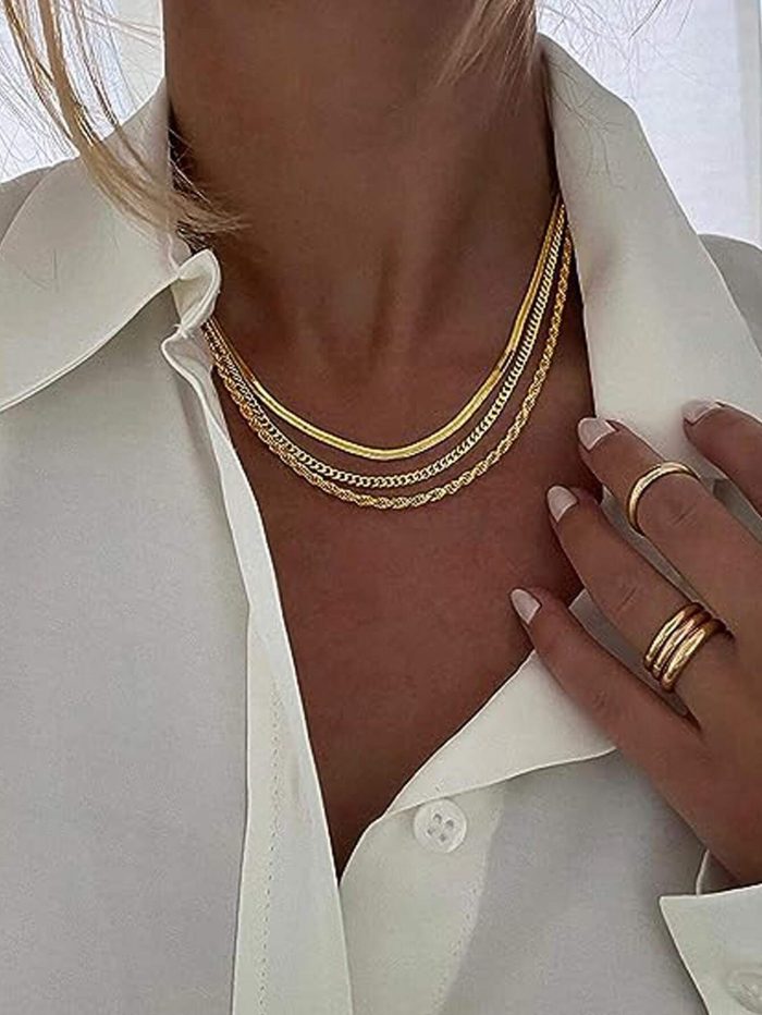 3pcs/set 14k Gold Plated Waterproof Tarnish Resistant Women's Stainless Steel Herringbone Necklace