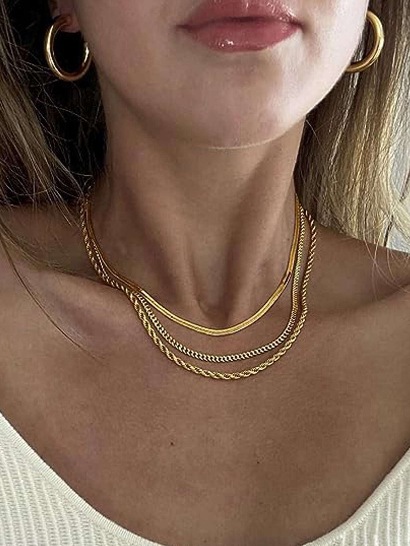 3pcs/set 14k Gold Plated Waterproof Tarnish Resistant Women's Stainless Steel Herringbone Necklace - Image 2