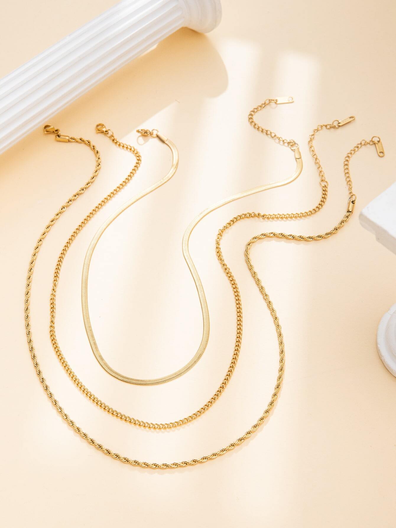 3pcs/set 14k Gold Plated Waterproof Tarnish Resistant Women's Stainless Steel Herringbone Necklace - Image 3