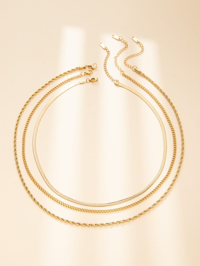 3pcs/set 14k Gold Plated Waterproof Tarnish Resistant Women's Stainless Steel Herringbone Necklace - Image 4
