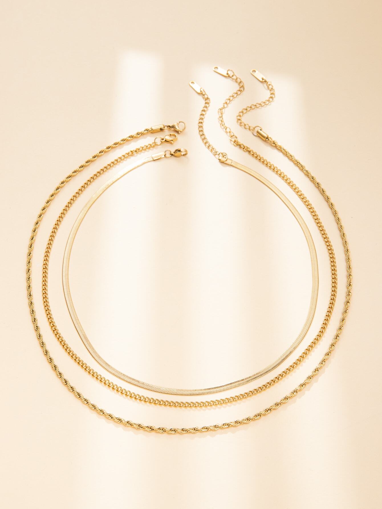 3pcs/set 14k Gold Plated Waterproof Tarnish Resistant Women's Stainless Steel Herringbone Necklace - Image 4