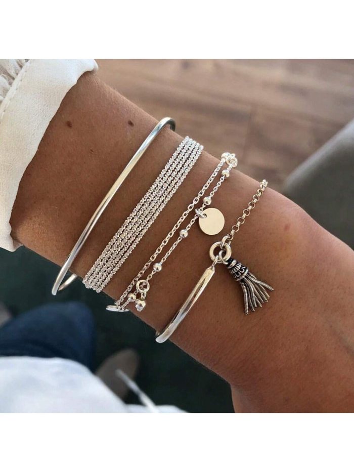 4pcs European And American Simple Silver-Color Glossy Fringe Multilayer Disc Chain Bracelet
