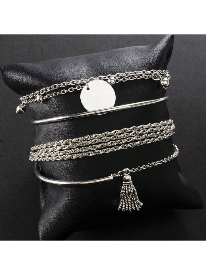 4pcs European And American Simple Silver-Color Glossy Fringe Multilayer Disc Chain Bracelet - Image 2