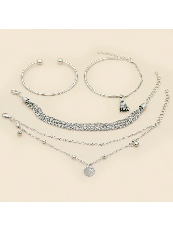 4pcs European And American Simple Silver-Color Glossy Fringe Multilayer Disc Chain Bracelet - Image 3