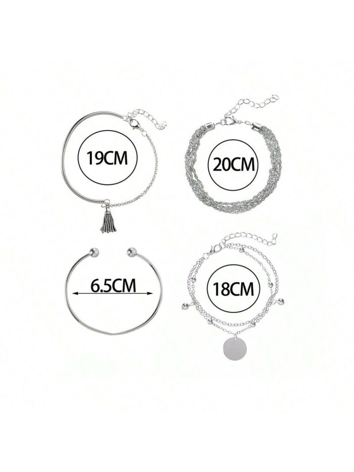 4pcs European And American Simple Silver-Color Glossy Fringe Multilayer Disc Chain Bracelet - Image 4