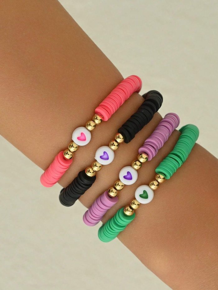 4pcs Heart Decorated Polymer Clay Elastic Bracelet Set For Women - Image 2