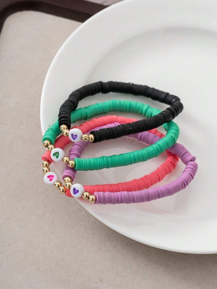4pcs Heart Decorated Polymer Clay Elastic Bracelet Set For Women - Image 3