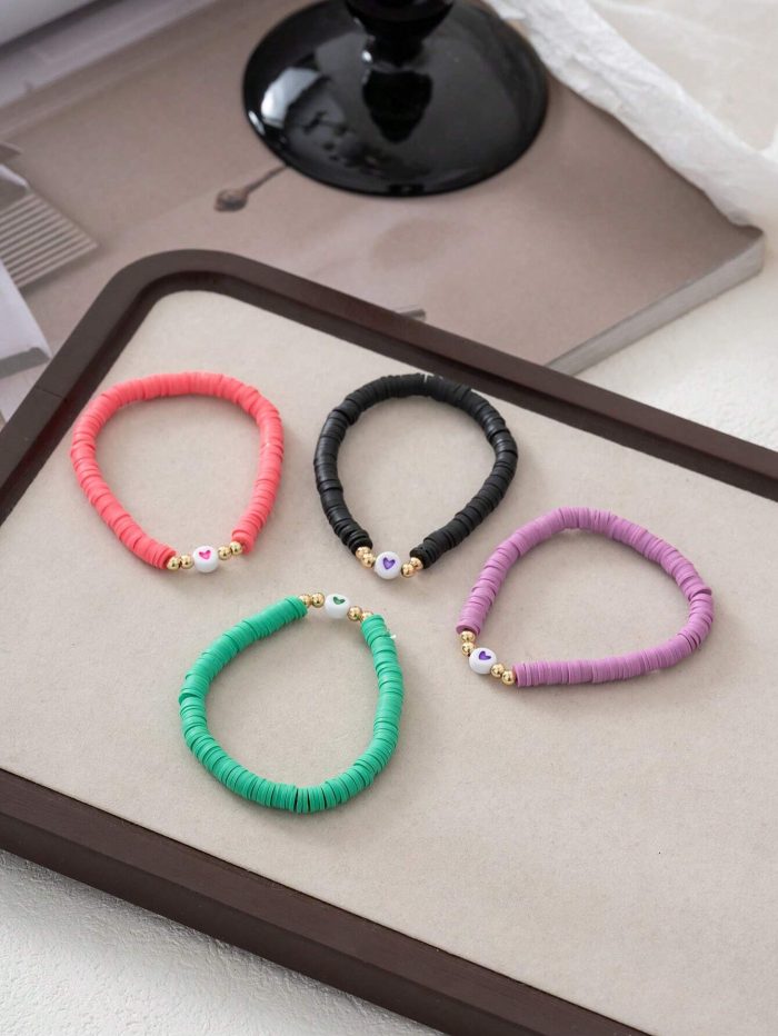 4pcs Heart Decorated Polymer Clay Elastic Bracelet Set For Women - Image 4