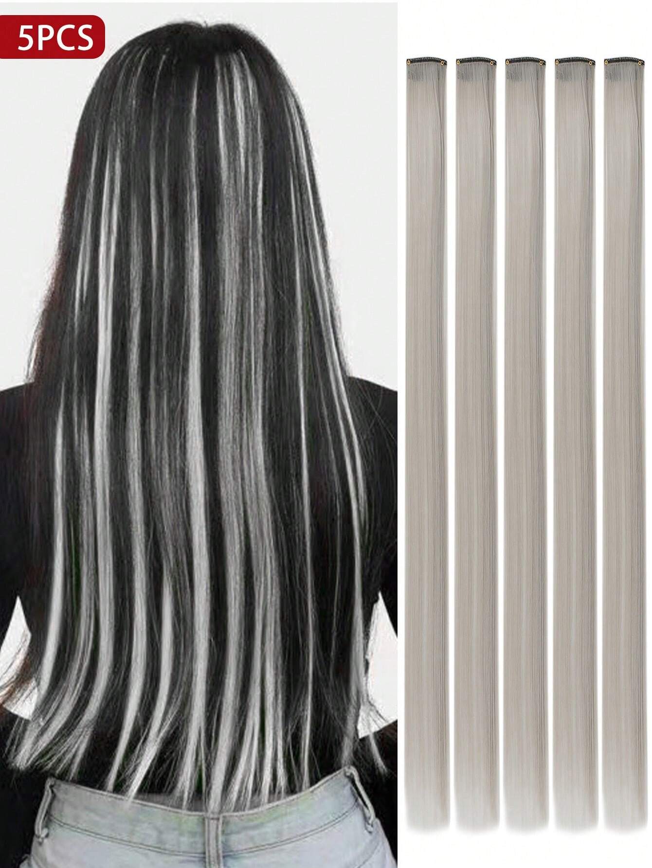 5 Pcs Colored Clip In Hair Extensions 20 Inch Long Straight Hairpieces Clip In Synthetic(Grey)
