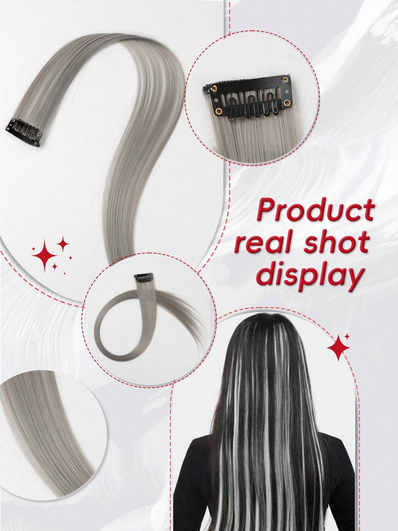 5 Pcs Colored Clip In Hair Extensions 20 Inch Long Straight Hairpieces Clip In Synthetic(Grey) - Image 5