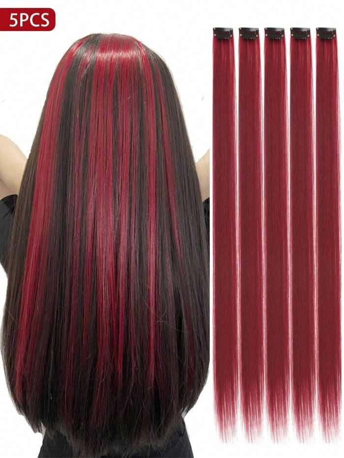 5 Pcs Colored Clip In Hair Extensions 20 Inch Long Straight Hairpieces Clip In Synthetic Burgundy
