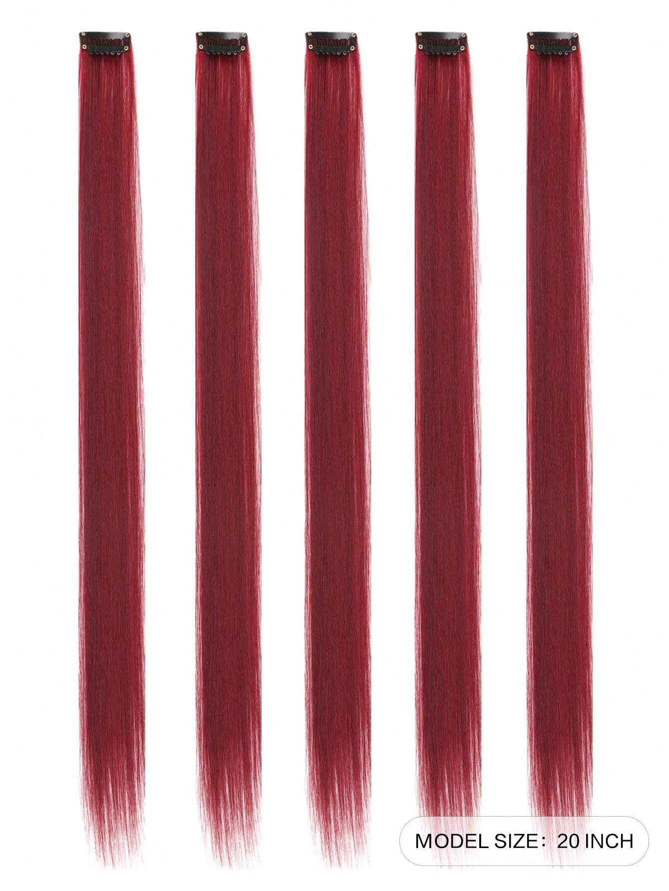 5 Pcs Colored Clip In Hair Extensions 20 Inch Long Straight Hairpieces Clip In Synthetic Burgundy - Image 2