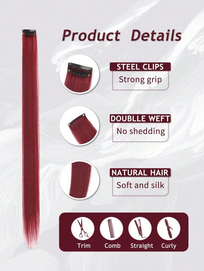 5 Pcs Colored Clip In Hair Extensions 20 Inch Long Straight Hairpieces Clip In Synthetic Burgundy - Image 4