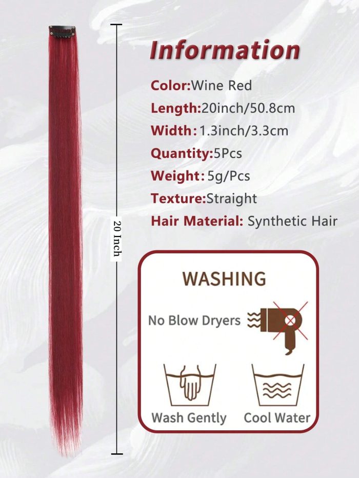 5 Pcs Colored Clip In Hair Extensions 20 Inch Long Straight Hairpieces Clip In Synthetic Burgundy - Image 5