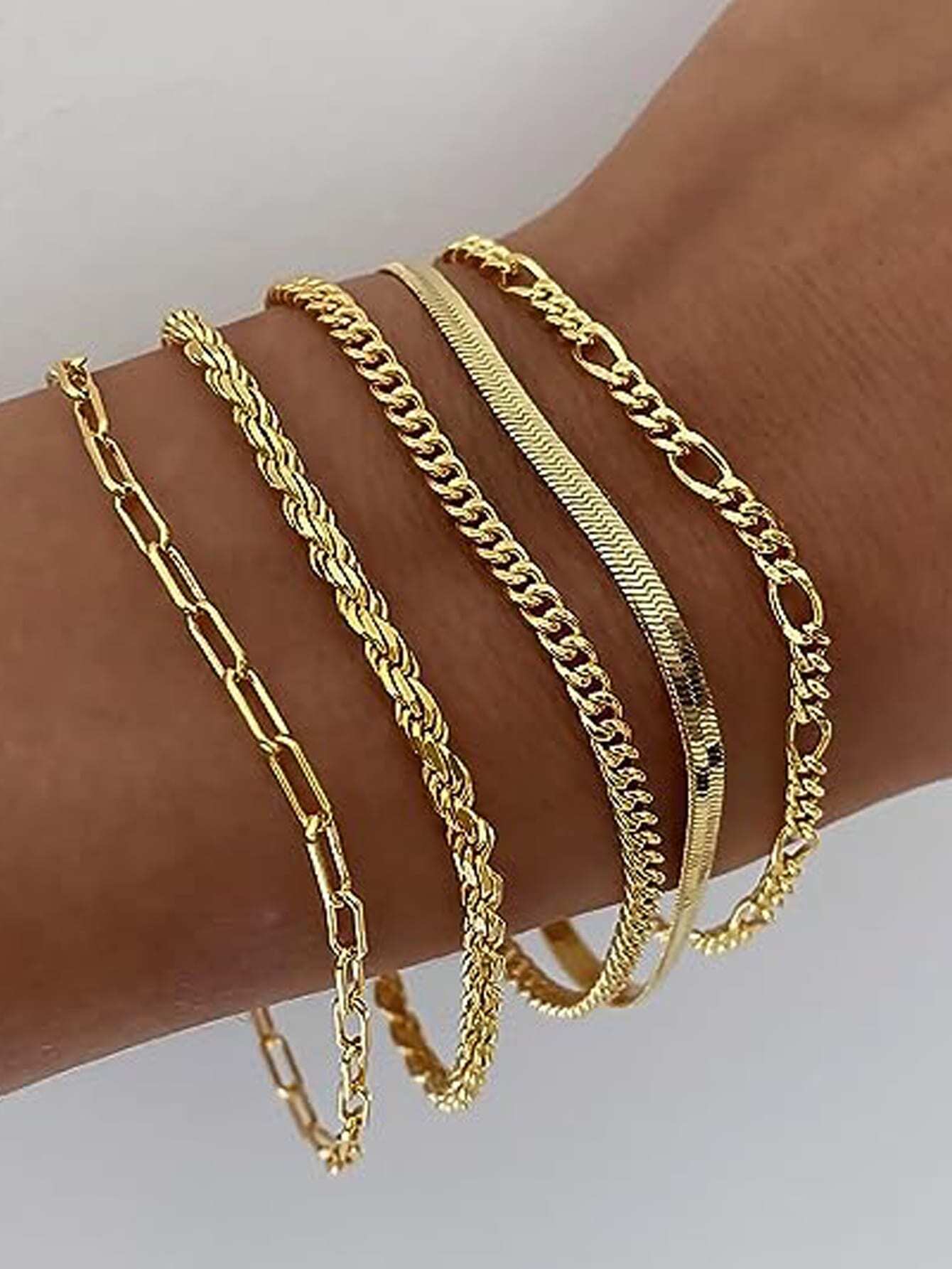 5pcs New Fashion 14k Gold Plated Stainless Steel Material Waterproof Tarnish Resistant Twisted, Snake & Beaded Chain Bracelet Set