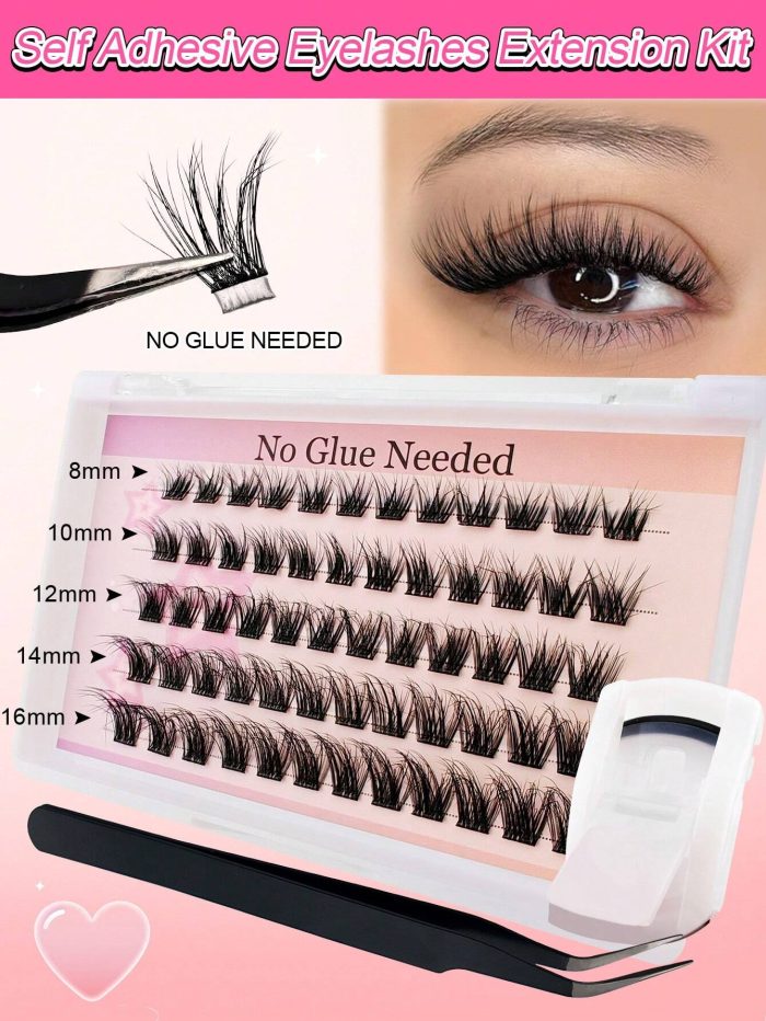 60Pcs Self Adhesive Individual Cluster Lashes Kit 8-16mm DIY Lash Extension Set With Tweezers And Lash Clurler C Curl Press On Segmented Lashes No Glue Needed Spikes Eyelashes