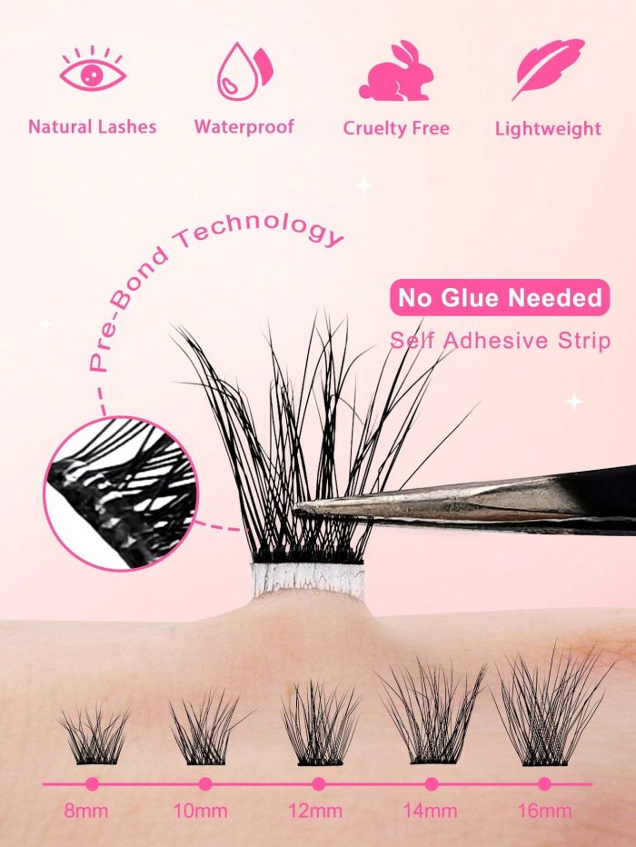 60Pcs Self Adhesive Individual Cluster Lashes Kit 8-16mm DIY Lash Extension Set With Tweezers And Lash Clurler C Curl Press On Segmented Lashes No Glue Needed Spikes Eyelashes - Image 2